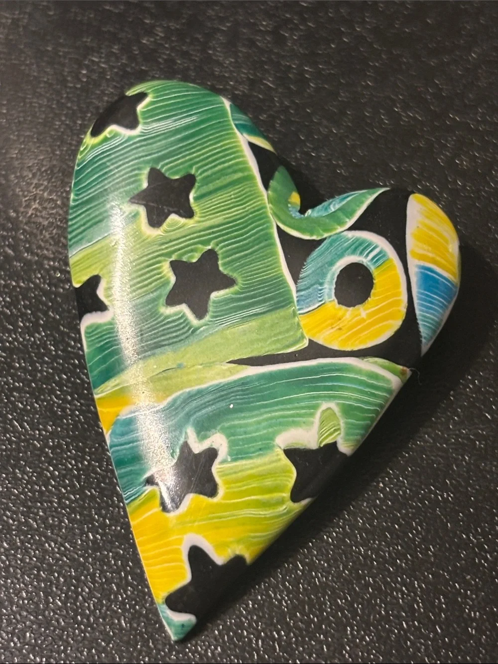 Artisan Green, Yellow, Blue & Black Heart Ceramic Accent Brooch